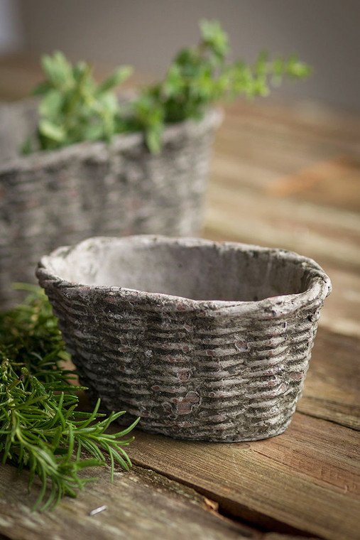 Small Concrete Oval Container with Basket Motif