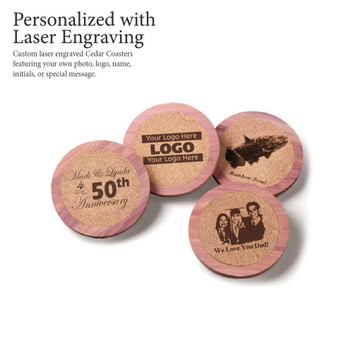 Personalized Laser Engraved Cedar & Cork Drink Coasters by Woodlore