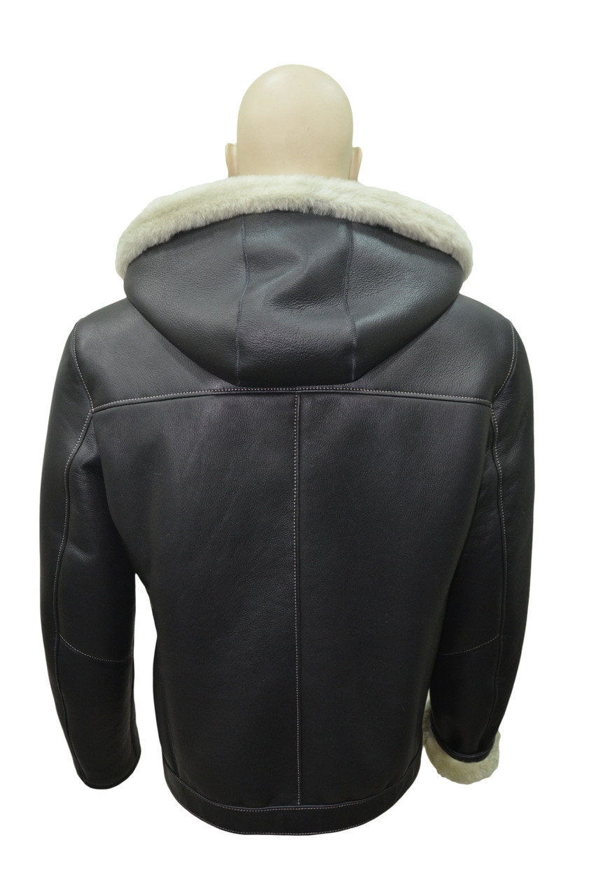 Mens Black Bomber Winter Warm Genuine Sheepskin Faux Fur Lined