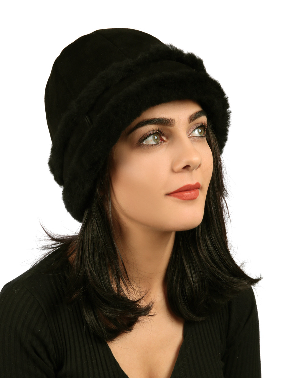 Women's Shearling Sheepskin Winter Fur Bucket Beanie Hat Black