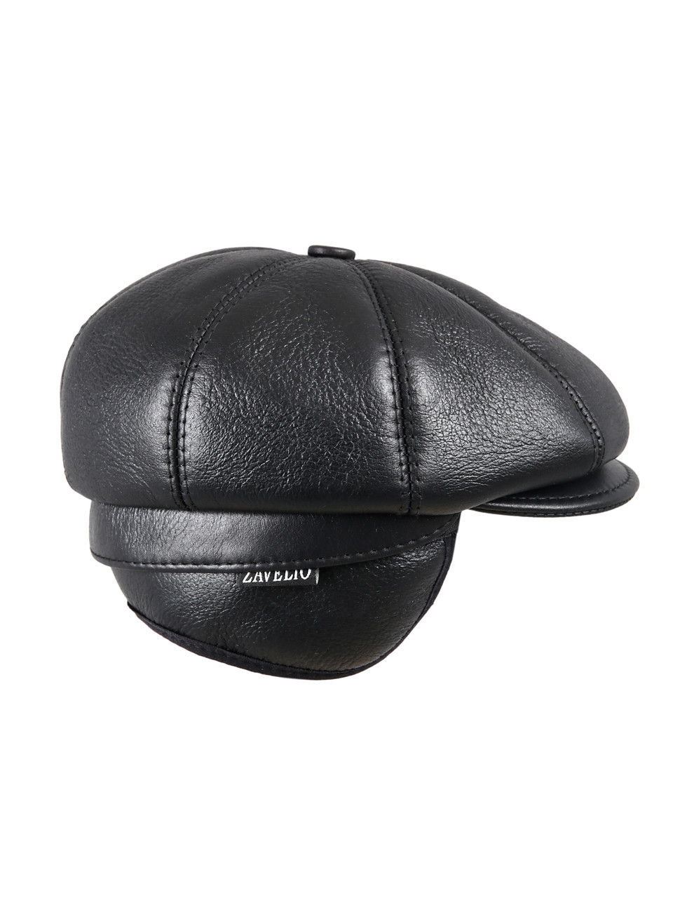 Men's Leather Shearling Sheepskin 8 Panel Ivy Driving Cap Black