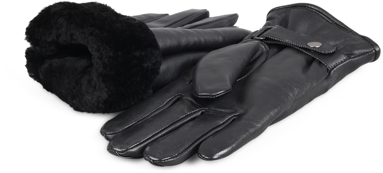 Genuine Men's Premium Shearling Sheepskin Fur Lined Leather Gloves Snaps  Black