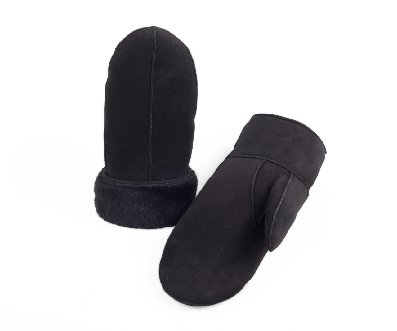 Men's Premium Shearling Sheepskin Leather Fur Mittens Black Suede