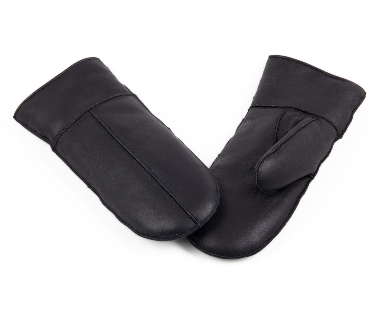 Men's Premium Shearling Sheepskin Leather Fur Mittens Solid Black