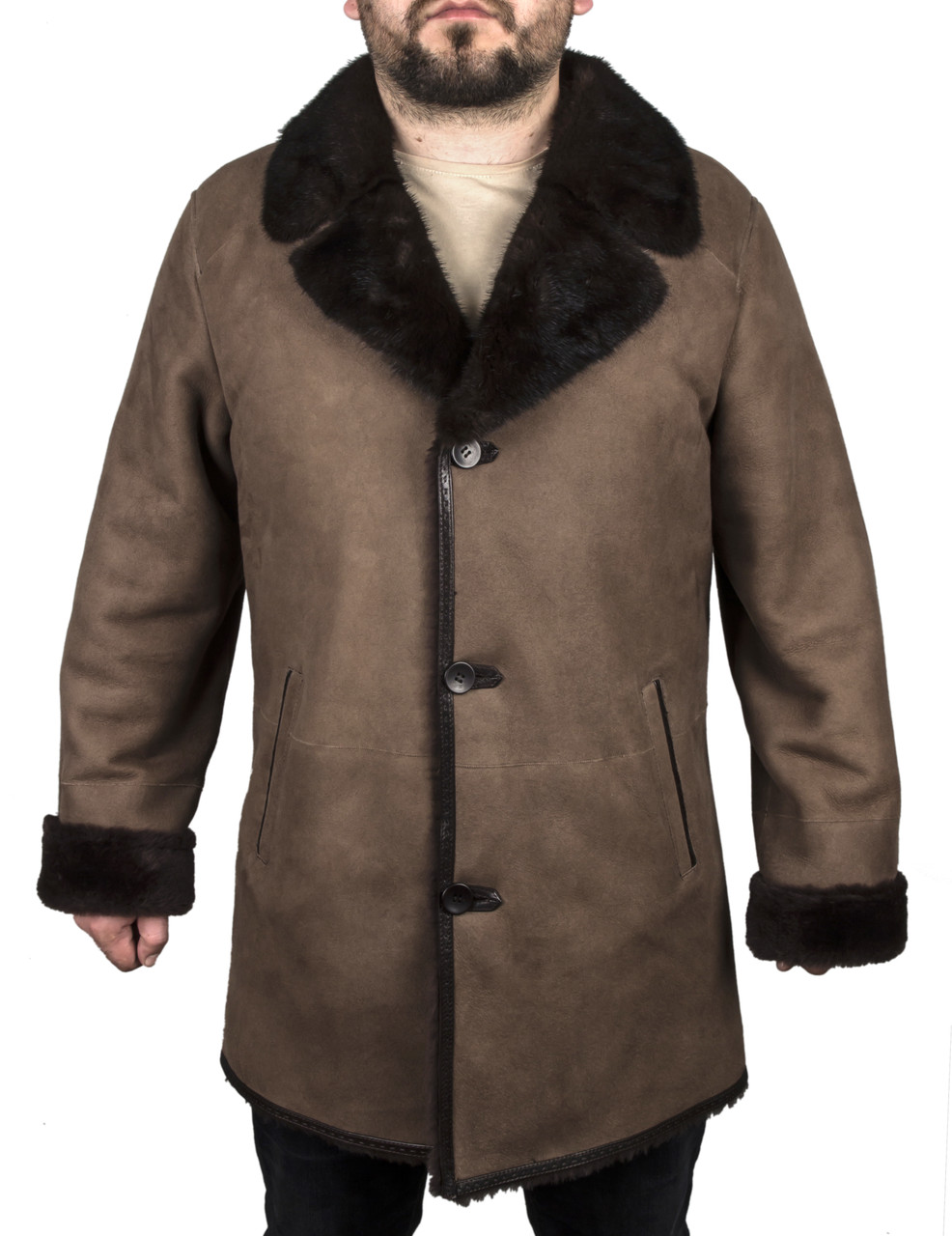 Men Designer Fur Shearling Sheepskin Coat ( Brown )