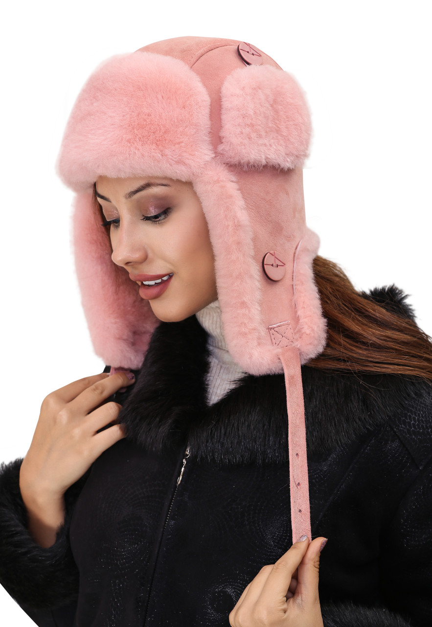 Shearling Sheepskin Bucket Winter Fur Hat - Pink - Zavelio