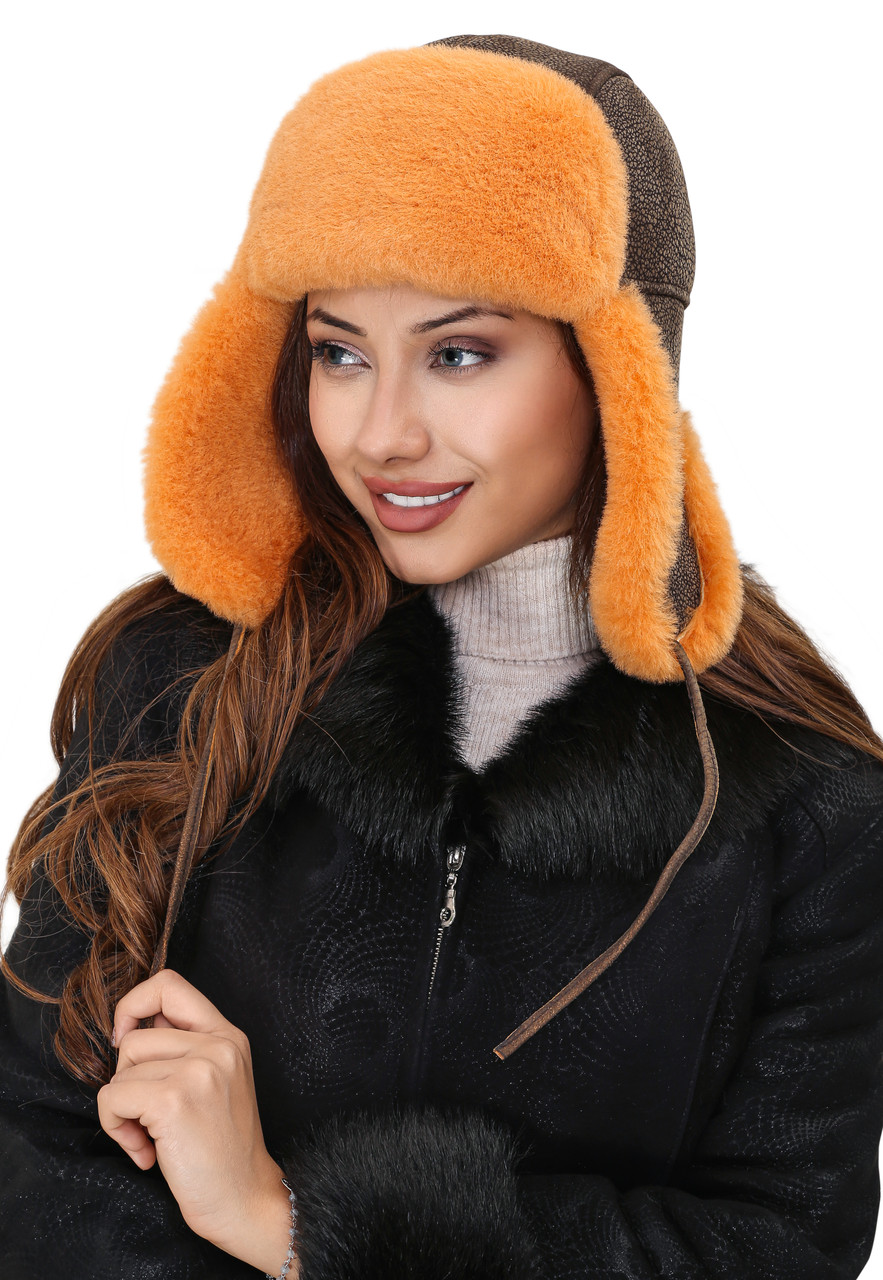 Shearling Sheepskin Aviator Fur Hat - Orange