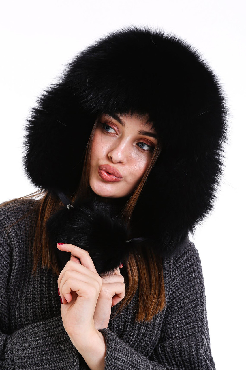 Womens Black Fox Fur Trapper Hat with Pom Poms at Fur Hat World
