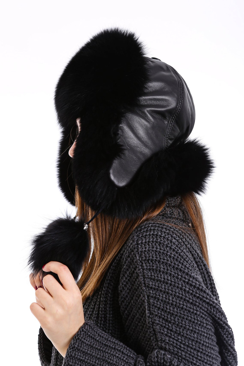 Women's 100% Real Fox Fur Hat S-XL Premium Aviator Russian Ushanka Trapper  Winter Genuine Leather Fox Fur Hat - Black - Zavelio