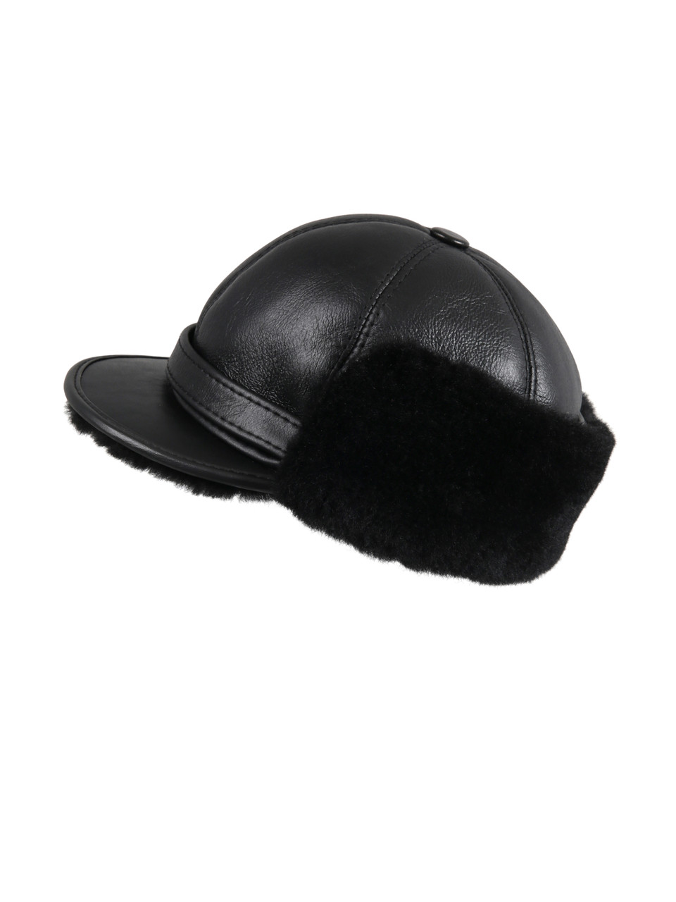 Shearling Sheepskin Elmer Fudd Winter Fur Visor Hat - Solid Black