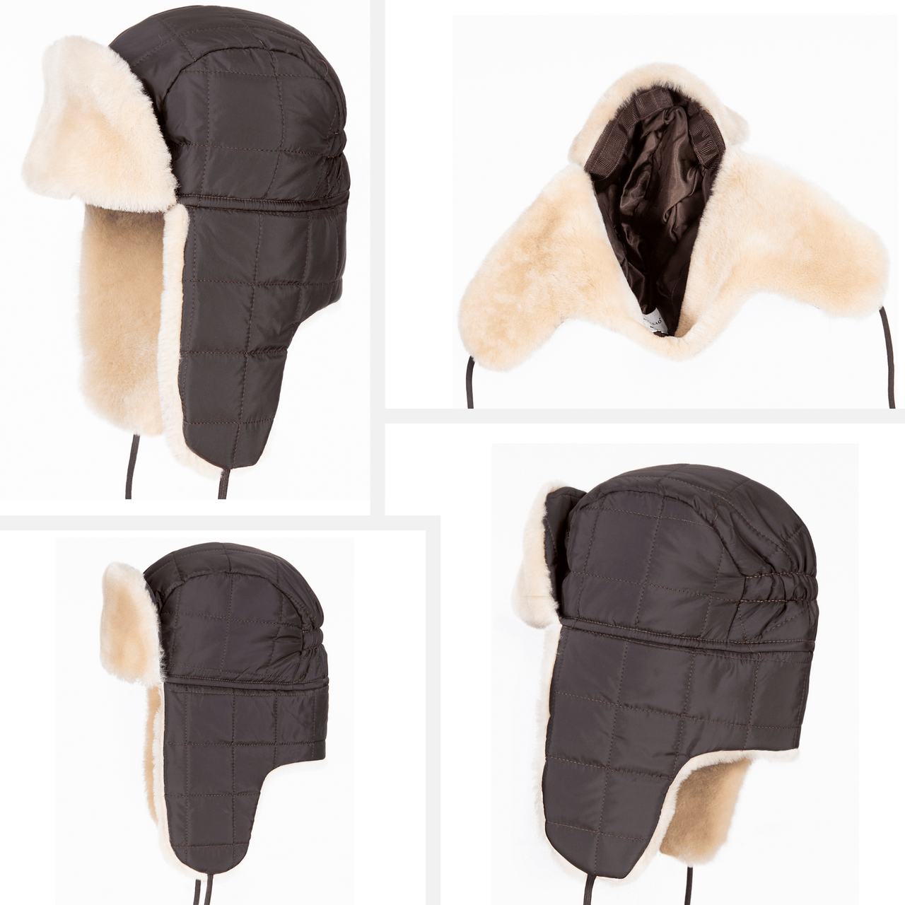 Unisex Fabric Trapper Hat with Sheepskin Fur Lining - Dark Brown