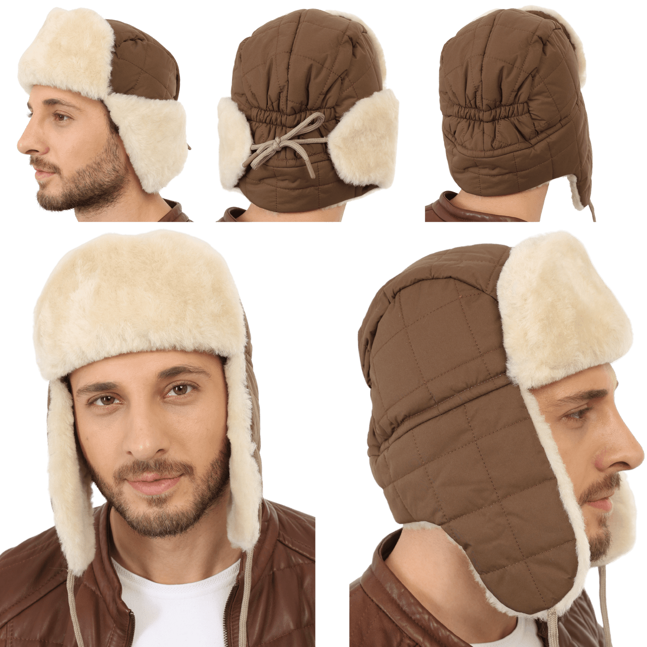 Unisex Fabric Trapper Hat with Sheepskin Fur Lining - Olive Green