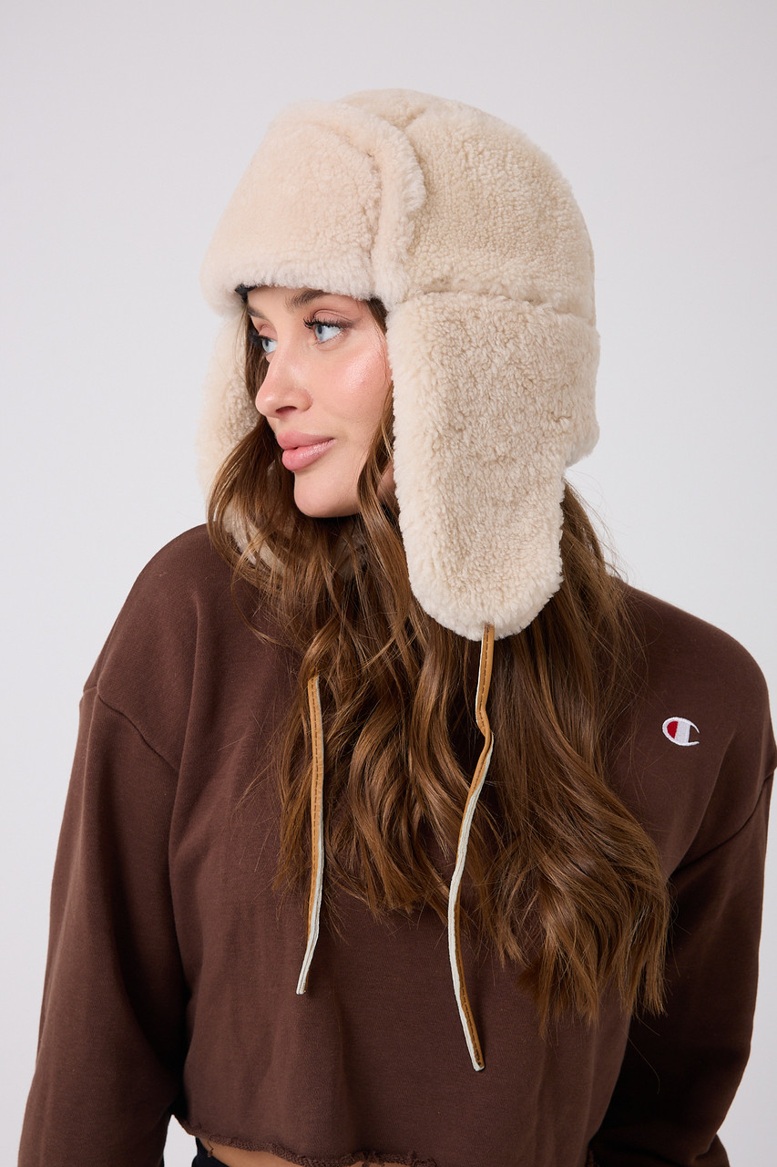 Shearling Sheepskin Aviator Winter Fur Hat - Cream Curly Fully Fur