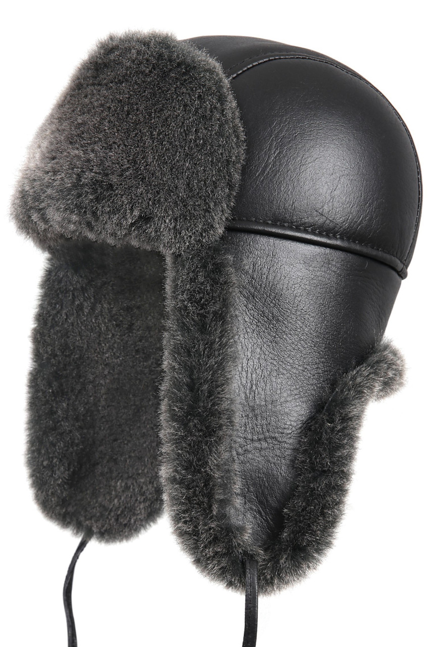 Genuine Shearling Sheepskin Aviator Winter Fur Hat - Black