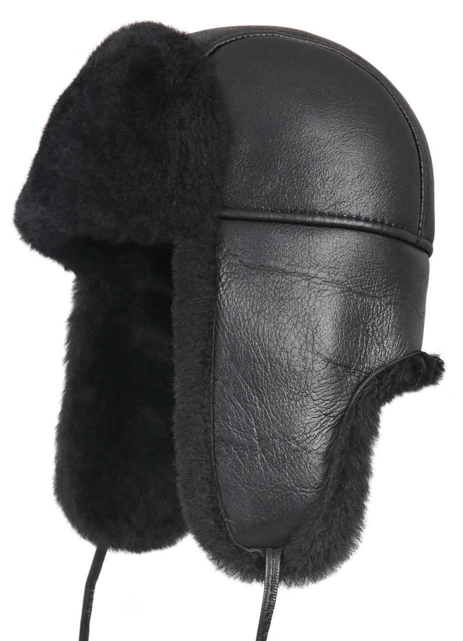 Aviator Shearling Sheepskin Fur Hat - Solid Black