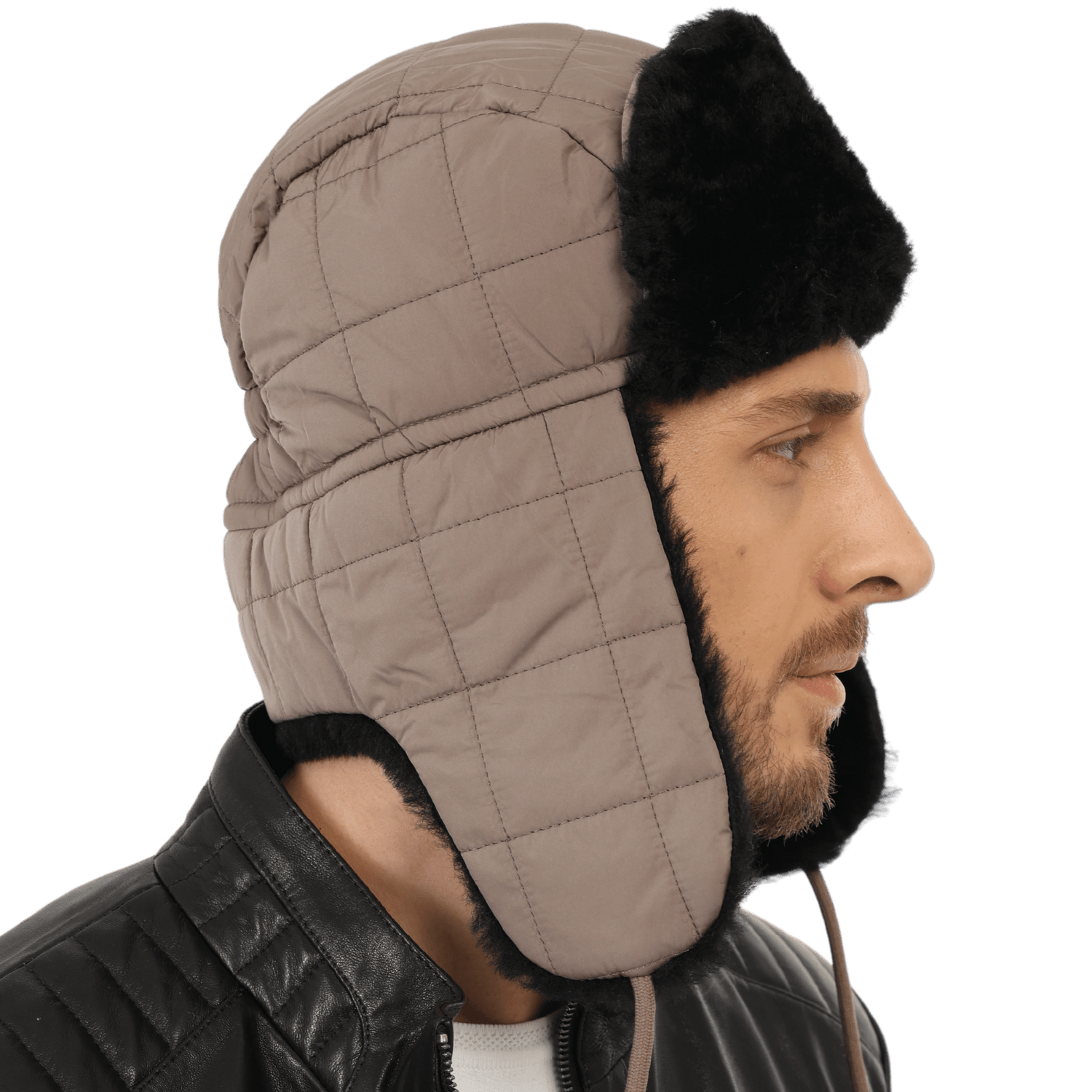 Unisex Fabric Trapper Hat with Sheepskin Fur Lining - Olive Green