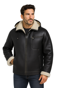 Men's Genuine Shearling Sheepskin Aviator Bomber Hooded Winter Jacket
