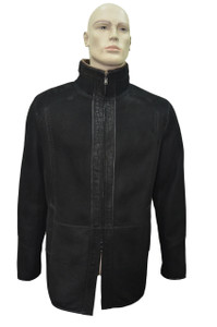 Men's Genuine Shearling Sheepskin Fur Leather Classic Long Winter Coat - Black