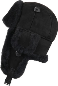 Unisex Trapper Trooper Leather Aviator Genuine Shearling Sheepskin Hat - Black Suede Unisex Trapper Trooper Leather Aviator Genuine Shearling Sheepskin Hat - Black Suede
