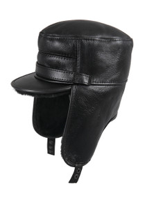 Shearling Sheepskin Visor Elmer Fudd Winter Fur Hat - Solid Black Shearling Sheepskin Visor Elmer Fudd Winter Fur Hat - Solid Black