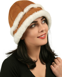 Women's Shearling Sheepskin Winter Fur Bucket Beanie Hat - Cognac Women's Shearling Sheepskin Winter Fur Bucket Beanie Hat - Cognac