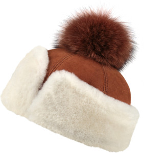 Women’s Shearling Sheepskin Hat with Fox Pom Pom Cognac Women’s Shearling Sheepskin Hat with Fox Pom Pom Cognac