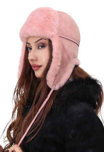 Aviator Shearling Sheepskin Fur Hat - Pink Suede Aviator Shearling Sheepskin Fur Hat - Pink Suede
