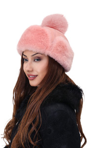 Women’s Shearling Sheepskin Snap Hat with Fox Pom Pom Pink Suede Women’s Shearling Sheepskin Snap Hat with Fox Pom Pom Pink Suede