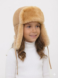 Kids Shearling Sheepskin Aviator Fur Hat - Tan