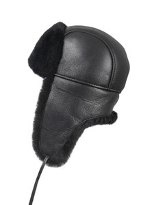 Kids Shearling Sheepskin Aviator Fur Hat - Black-Black Kids Shearling Sheepskin Aviator Fur Hat - Black-Black