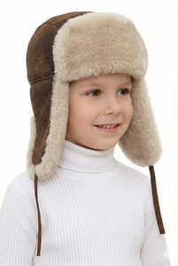 Kids Shearling Sheepskin Aviator Fur Hat - Vintage-Beige