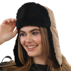 Fabric Trapper Hat with Sheepskin Fur Lining - Beige Fabric Trapper Hat with Sheepskin Fur Lining - Beige