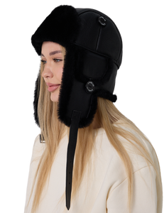 Unisex Trapper Trooper Leather Aviator Genuine Shearling Sheepskin Hat - Solid Black Unisex Trapper Trooper Leather Aviator Genuine Shearling Sheepskin Hat - Solid Black