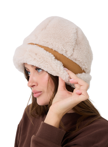 Shearling Sheepskin Bucket Winter Fur Hat - Full Curly Cream Shearling Sheepskin Bucket Winter Fur Hat - Full Curly Cream