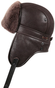 Shearling Sheepskin Biker Trapper Winter Fur Hat - Brown Shearling Sheepskin Biker Trapper Winter Fur Hat - Brown