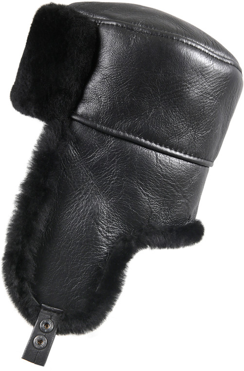 Shearling Sheepskin Russian Ushanka Fur Hat - Solid Black