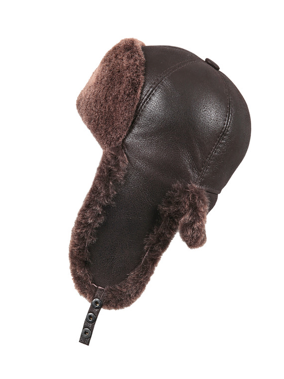 Shearling Sheepskin 6 Panel Ushanka Winter Fur Hat - Brown