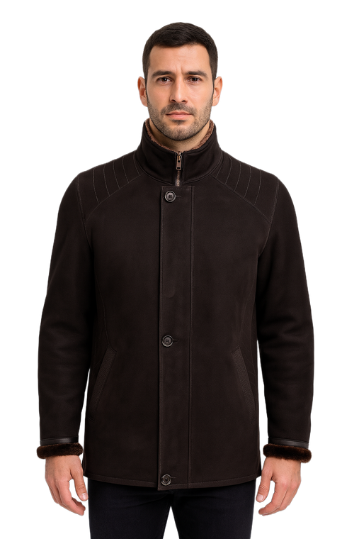 Men's Genuine Shearling Sheepskin Casual Stylish Winter Coat - Brown