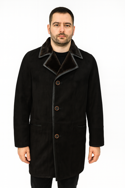 Men's Michel Real Shearling Sheepskin Fur Leather Long Winter Coat - Black