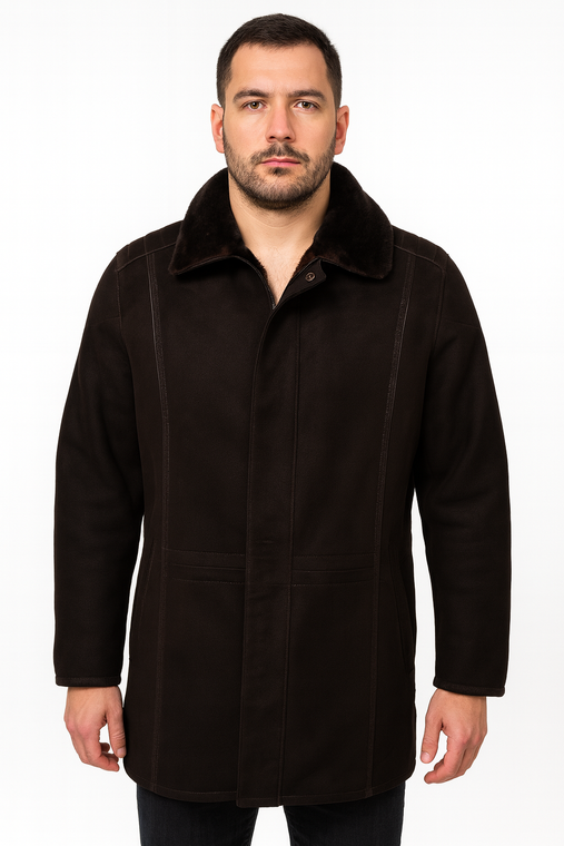 Men's Ramses Genuine Shearling Sheepskin and Leather Classic Long Winter Coat - Brown