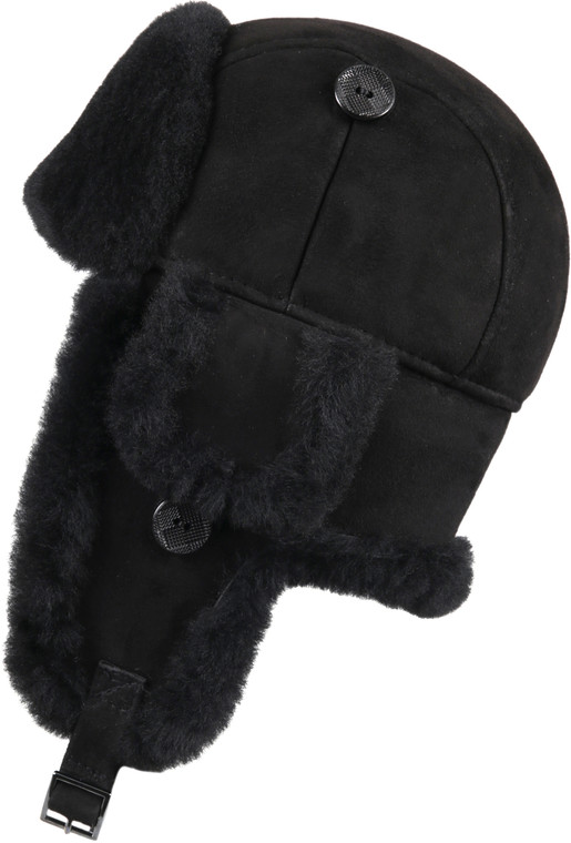 Women's Leather Aviator Sheepskin  Hat  Black Suede
