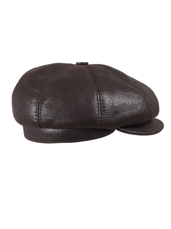 Men's Leather Shearling Sheepskin 8 Panel Ivy Driving Cap Brown