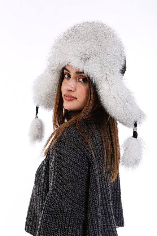 Women's 100% Real Fox Fur Hat S-XL Premium Aviator Russian Ushanka Trapper Winter Genuine Leather Fox Fur Hat - Shadow