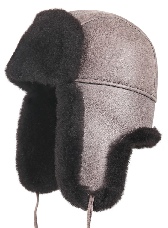 Shearling Sheepskin Aviator Winter Fur Hat - Gray