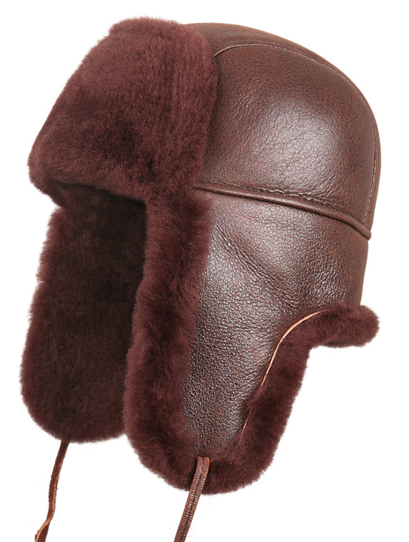 Shearling Sheepskin Aviator Fur Hat - Brick Color