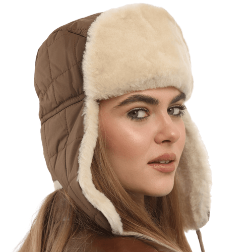 Unisex Fabric Trapper Hat with Sheepskin Fur Lining - Olive Green