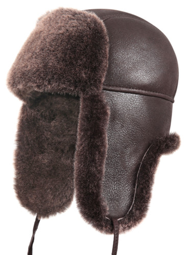Men's Hat Bomber Trapper Sheepskin Aviator Ushanka Winter Fur Shearling, 56 - 57 cm / Brown