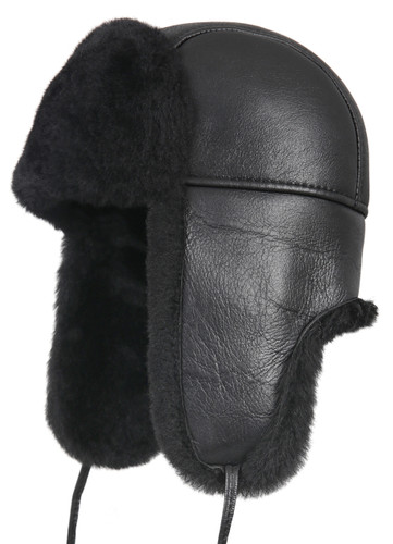 Aviator Shearling Sheepskin Fur Hat - Solid Black - Zavelio