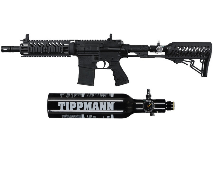 Tippmann TMC Paintball Rifle w/ Gas Thru Adjustable Stock & FREE 13/3000 Tank - Black/Black