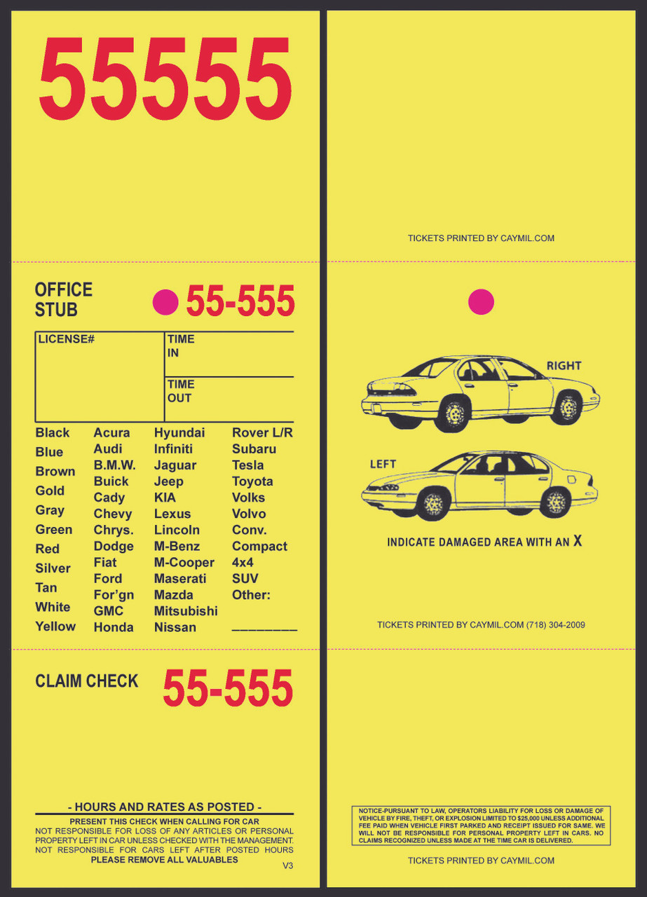 Valet Parking Ticket 3-Part Yellow